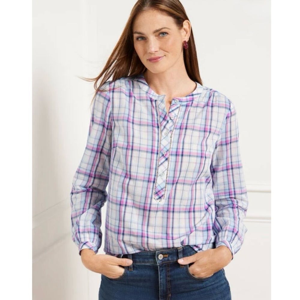 Talbots Pastel Band Collar Popover in Sunny Plaid Blouse Size L NEW